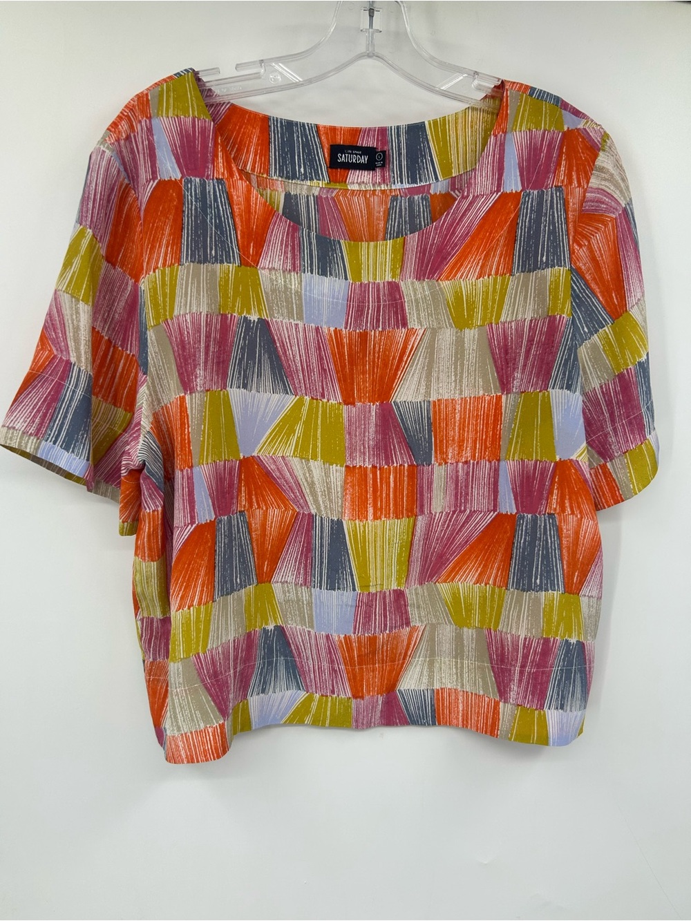 Kate Spade Saturday Short Sleeve 100% Silk Blouse‎ Multicolor Geometric Large
